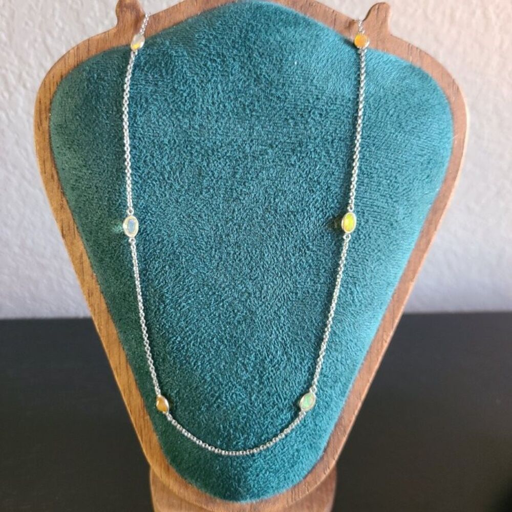 Dainty Opal Station Necklace Silver Tone Iridescent Glass Beads 21 In Layering